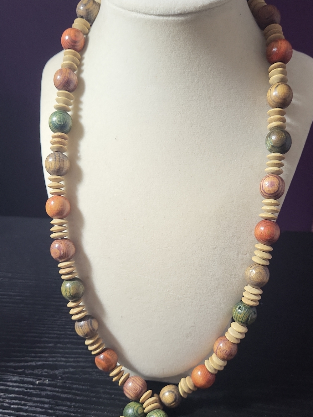 Vintage Multicolor Wooden Bead Necklace - Natural Tones